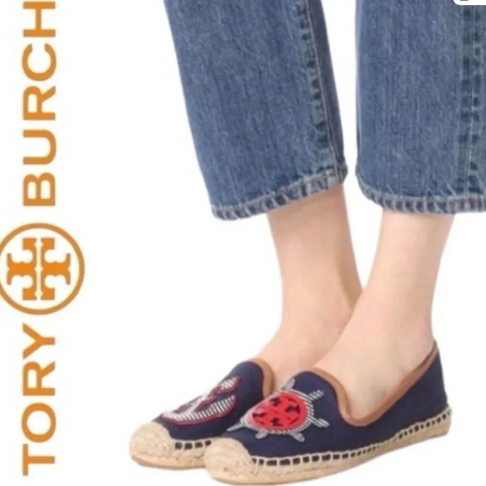 Tory Burch Nautical Navy Blue Canvas & Leather Espadrilles size 10